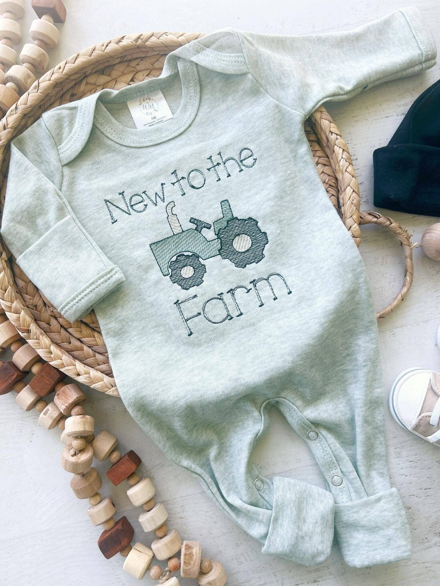 Baby Sage Romper | Baby Boy Outfit - Tractor New To The Farm
