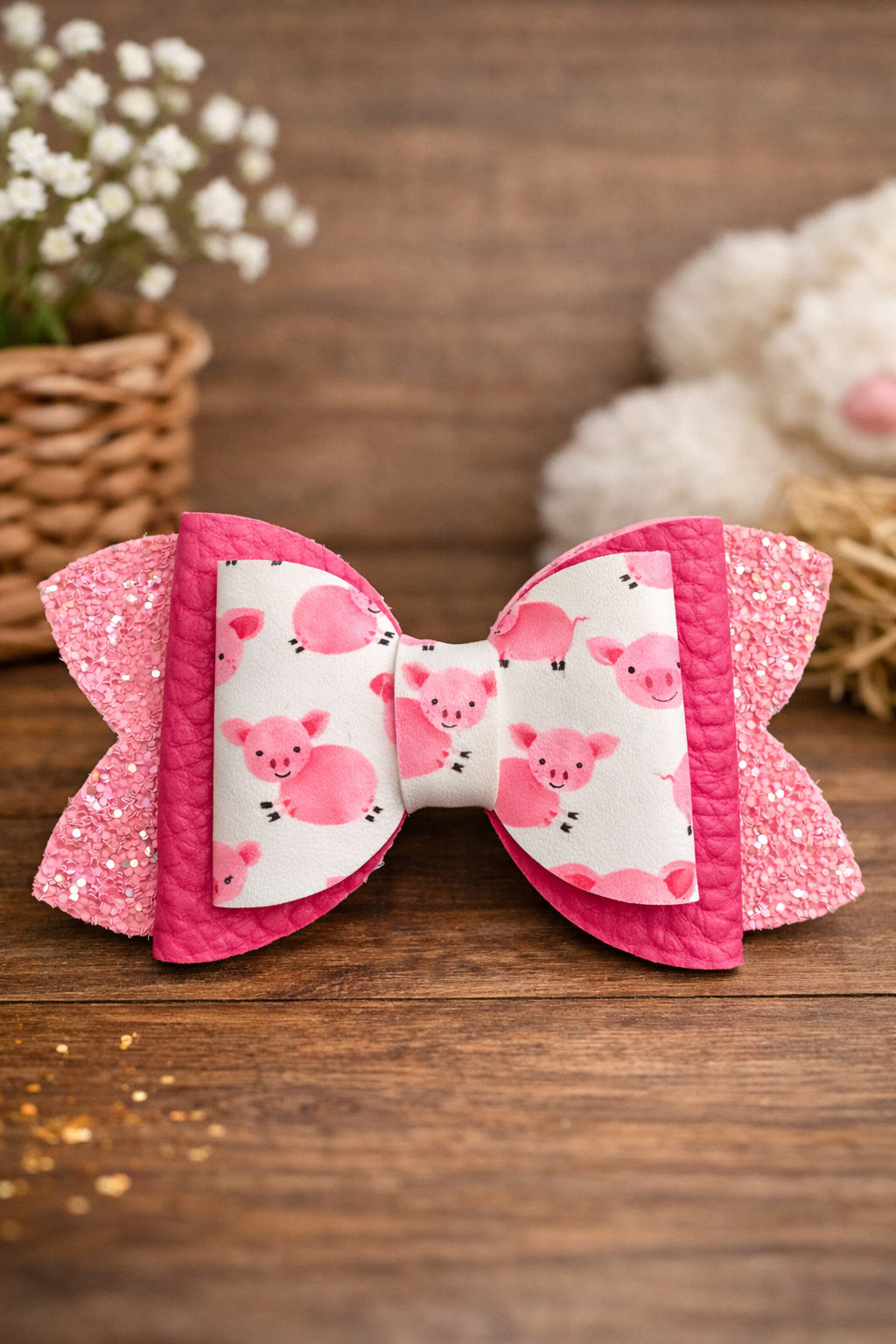 Pink Piggy Bow Hair Clip