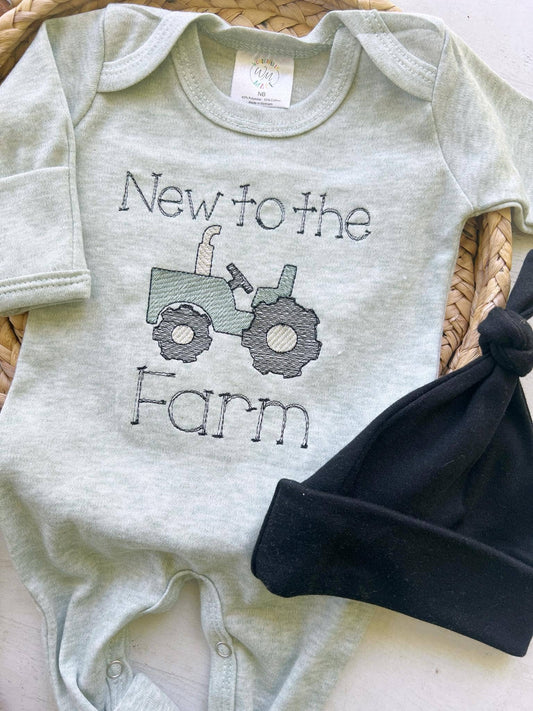 Baby Sage Romper | Baby Boy Outfit - Tractor New To The Farm