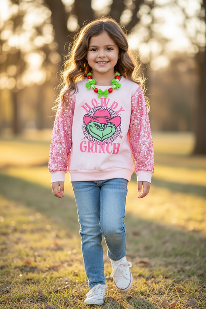 Howdy Grinch Pink Sweatshirt with Sequins Sleeves