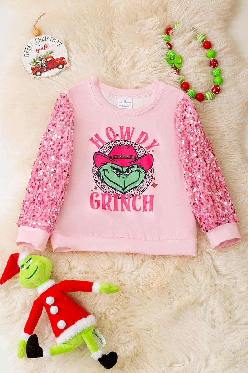 Howdy Grinch Pink Sweatshirt with Sequins Sleeves